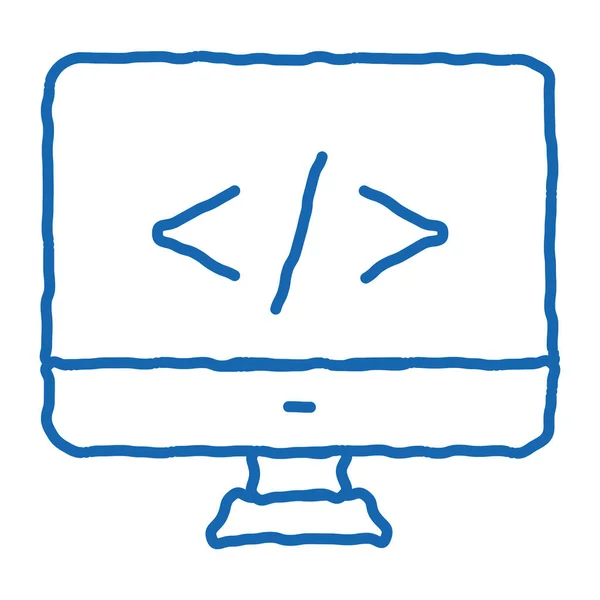 计算机监视器草图图标矢量编码 手绘蓝色涂鸦线条艺术孤立符号图解 — 图库矢量图片