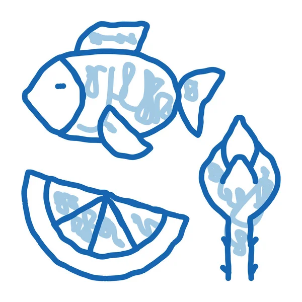 鱼和水果的营养生物黑客草图图标矢量 手绘蓝色涂鸦线艺术标志 孤立的符号说明 — 图库矢量图片