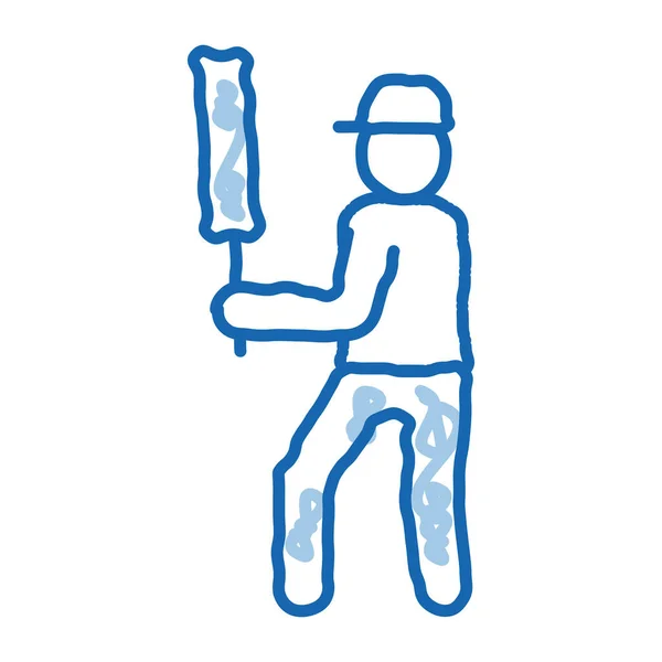 板球运动员蝙蝠侠草图图标矢量 手绘蓝色涂鸦线艺术板球运动员蝙蝠侠标志 孤立的符号说明 — 图库矢量图片