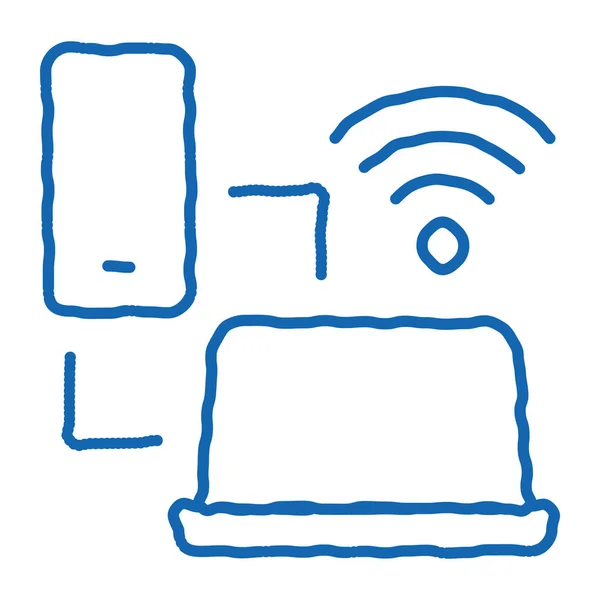 Smartfon Laptop Połączenie Szkic Wektor Ikony Ręcznie Rysowane Niebieskie Doodle — Wektor stockowy