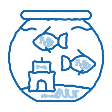 Akvaryum taslak ikon vektörü. El çizimi mavi çizgili sanat akvaryumu tabelası. izole edilmiş sembol çizimi