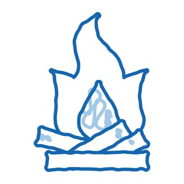 Firewood taslak ikon vektörü ile kamp ateşi. El çizimi mavi karalama çizgisi yakacak odun tabelalı kamp ateşi. izole edilmiş sembol çizimi