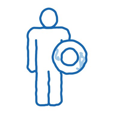 Kalkanlı Güçlü Adam taslak ikon vektörü. El çizimi mavi karalama çizgisi Kalkanlı Güçlü Adam işareti. izole edilmiş sembol çizimi