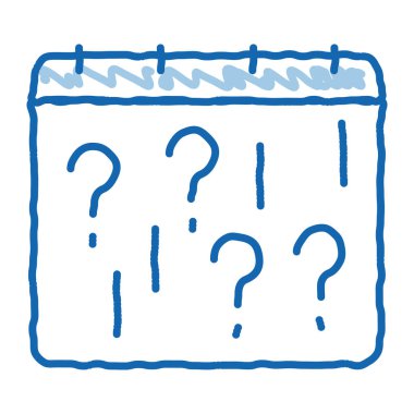 Soru çizim ikonu vektörüyle takvim. El çizimi mavi çizgili çizgili çizim takvimi Soru işareti ile. izole edilmiş sembol çizimi