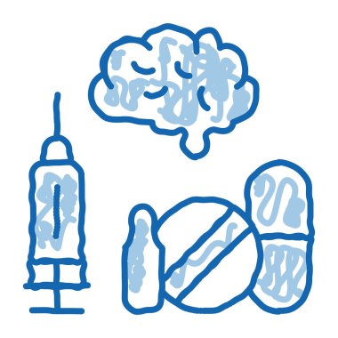 Beyin, Şırınga ve Haplar ikon vektörünü çiziyor. El çizimi mavi çizgili sanat eseri beyin, şırınga ve haplar. izole edilmiş sembol çizimi