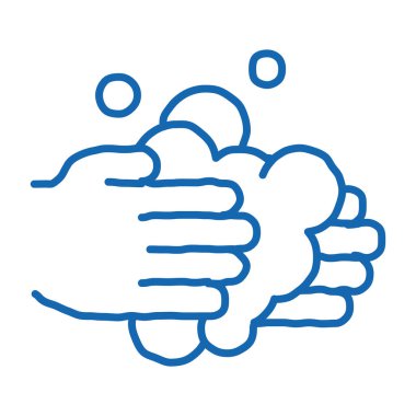 Eller Sıvı Sabun taslak ikonu vektörünü yıkar. El çizimi mavi karalama çizgisi Eller Sıvı Sabun tabelasını yıkıyor. izole edilmiş sembol çizimi