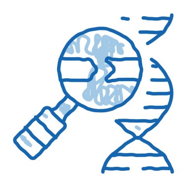 Molekül ve Büyüteç taslak ikon vektörü. El çizimi mavi karalama çizgisi, molekül ve büyüteç işareti. izole edilmiş sembol çizimi