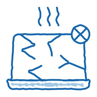 Yıkılmış Laptop taslak ikon vektörü. El çizimi mavi karalama çizgisi çizilmiş dizüstü bilgisayar tabelası. izole edilmiş sembol çizimi