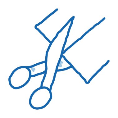 Makas çizim simgesi vektörünü kesiyor. El çizimi mavi karalama çizgisi, makas kesme işareti. izole edilmiş sembol çizimi