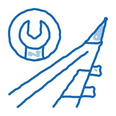 Uçak Kanadı Anahtarı taslak ikon vektörü. El çizimi mavi karalama çizgisi. Çizgili Kanat İngiliz anahtarı işareti. izole edilmiş sembol çizimi