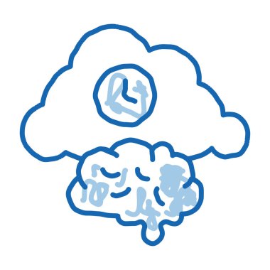 Beyin Bulutu Saat taslak ikon vektörü. El çizimi mavi çizgili sanat eseri Beyin Bulutu Saat tabelası. izole edilmiş sembol çizimi