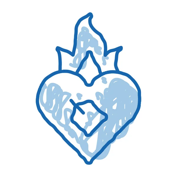 Вектор Значка Горящего Сердца Ручной Рисунок Синей Линии Каракулей Знак — стоковый вектор