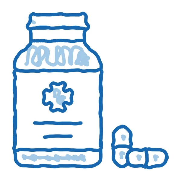 Χάπια Μπουκάλι Διάνυσμα Εικονίδιο Χέρι Ζωγραφισμένο Μπλε Γραμμή Doodle Art — Διανυσματικό Αρχείο
