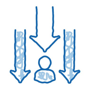 Man Down Arrows ikon vektörünü çiziyor. El çizimi mavi karalama çizgisi Art Man Down izometrik tabela. izole edilmiş sembol çizimi