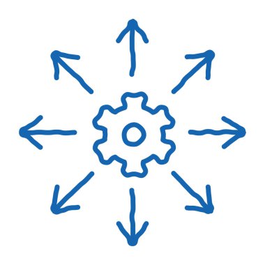 Gear Arrows ikon vektörünü çiziyor. El çizimi mavi çizgili karalama çizgisi Gear Arrows izometrik işareti. izole edilmiş sembol çizimi