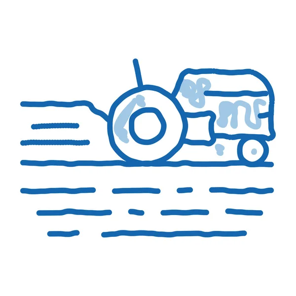 Tracteur Sur Terrain Croquis Icône Vecteur Dessiné Main Bleu Doodle — Image vectorielle