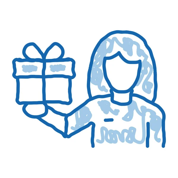 Femme Avec Icône Croquis Cadeau Vecteur Dessiné Main Bleu Doodle — Image vectorielle