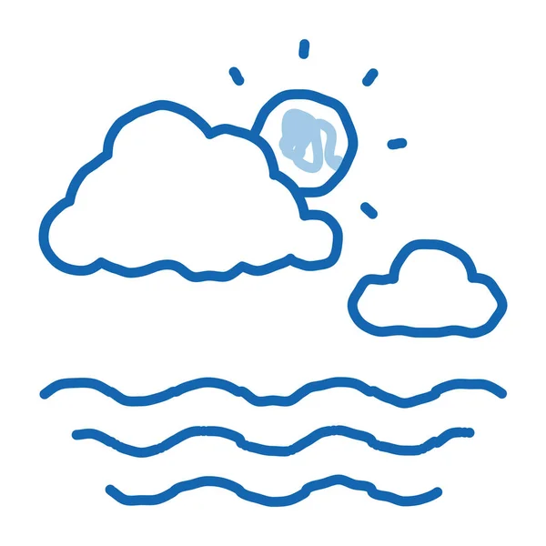 海上多云天气草图图标矢量 手绘蓝色涂鸦线艺术 海上多云天气标志 孤立的符号说明 — 图库矢量图片
