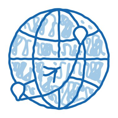 Uluslararası Dünya Uçuş Robot resim ikonu vektörü. El çizimi mavi çizgili karalama çizgisi. Globe Direction 'daki uçak çizimi. Doğrusal Pictogram. Hava Taşımacılığı Uçak Yolu tabelası. izole edilmiş sembol çizimi