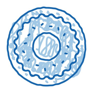 Donut Lezzetli Fırınlanmış Atıştırmalık taslak ikonu vektörü. El çizimi mavi karalama çizgisi. Donut kaplı çikolata ya da krema ve şeker serpme işareti. izole edilmiş sembol çizimi