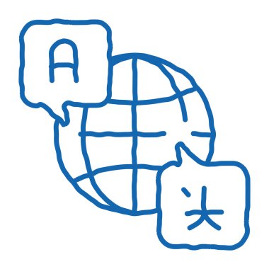 Dünya Uluslararası Dil taslak ikonu vektörü. El çizimi mavi karalama çizgisi, tırnak çerçeveli sanat küresi ve farklı ülke dili işaretli. izole edilmiş sembol çizimi