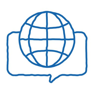 Alıntı çerçevesindeki Dünya Küresi taslak ikon vektörü. El çizimi mavi karalama çizgisi Dünya Çapında Uluslararası Farklı Diller Konuşma işareti. izole edilmiş sembol çizimi