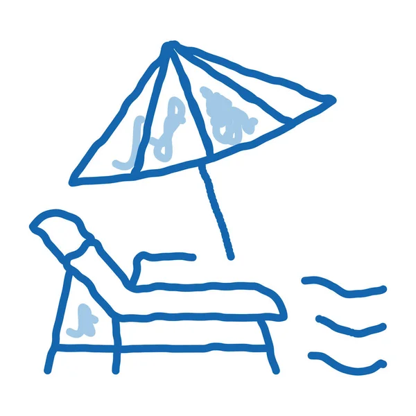 带伞状草图图标向量的甲板椅子 手绘蓝色涂鸦线艺术泰国度假海滩设备滑翔机与伞形标志 孤立的符号说明 — 图库矢量图片