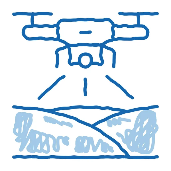 无人机四分仪设备草图图标矢量 手绘蓝色涂鸦线艺术飞行无人机与视频相机为研究标志 孤立的符号说明 — 图库矢量图片
