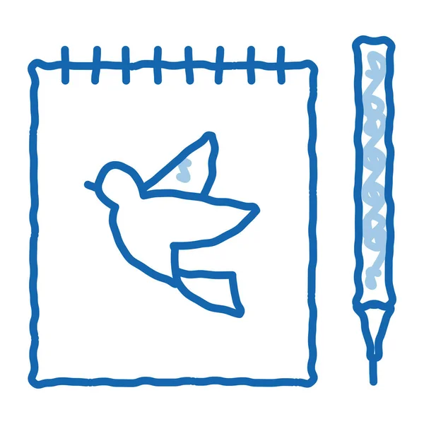 Carnet Stylo Oiseau Croquis Icône Vecteur Dessiné Main Bleu Doodle — Image vectorielle