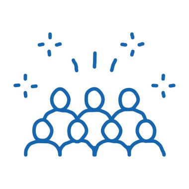 Stands 'taki insanlar ikon vektörünü çiziyorlar. El çizimi mavi karalama çizgisi Stands Tabelasındaki insanlar. izole edilmiş sembol çizimi