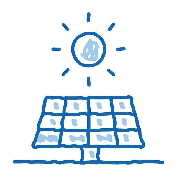 太阳对电池草图图标矢量的作用 手绘蓝色涂鸦线 阳光对电池标志的艺术作用 孤立的符号说明 — 图库矢量图片