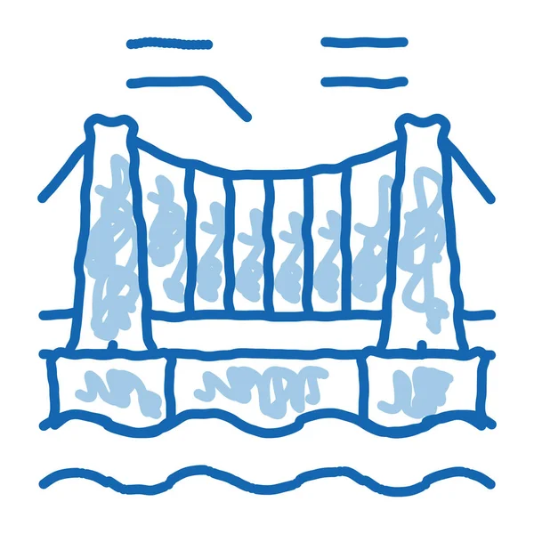 水上スケッチアイコンベクトルの吊り橋 水の看板に手描き青のドアラインアート吊り橋 孤立したシンボルイラスト — ストックベクタ