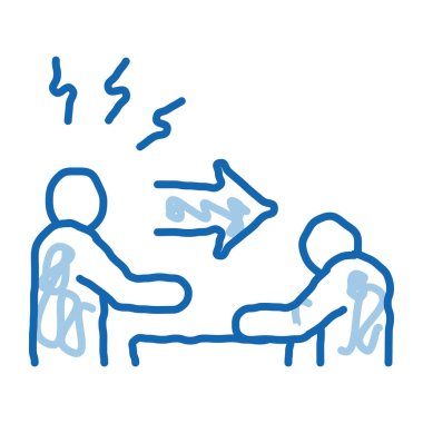 Kınayan adam ikon vektörünü çiziyor. El çizimi mavi karalama çizgisi, kınama yazısı. izole edilmiş sembol çizimi