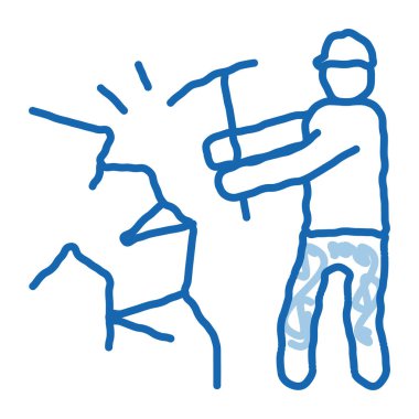 Kazma çizim ikonu vektörlü madenci. El çizimi mavi çizgili, kazma işaretli bir madenci. izole edilmiş sembol çizimi