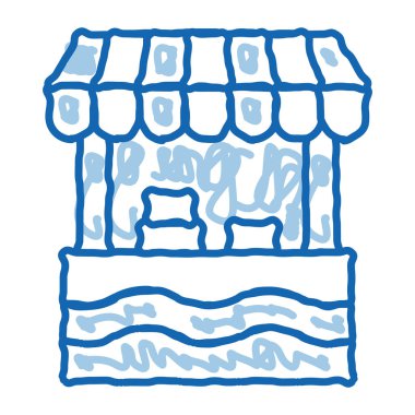 Mobil yiyecek oyalama ikon vektörü. El çizimi mavi çizgili çizgili mobil yiyecek tezgahı tabelası. izole edilmiş sembol çizimi