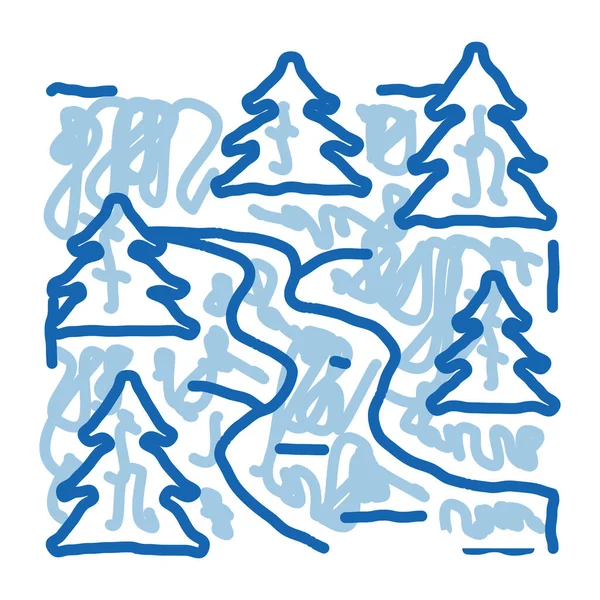 Rio fluindo entre ícone doodle floresta mão ilustração desenhada —  Vetores de Stock