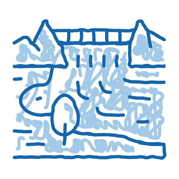 Loď v řece krajina čmáranice ikona ručně kreslené ilustrace — Stockový vektor