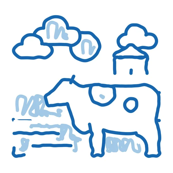 Vaca manchada no ícone do doodle da aldeia ilustração desenhada à mão —  Vetores de Stock
