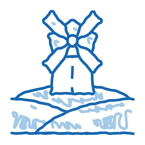 Větrný mlýn na louce čmáranice ikona ručně kreslené ilustrace — Stockový vektor
