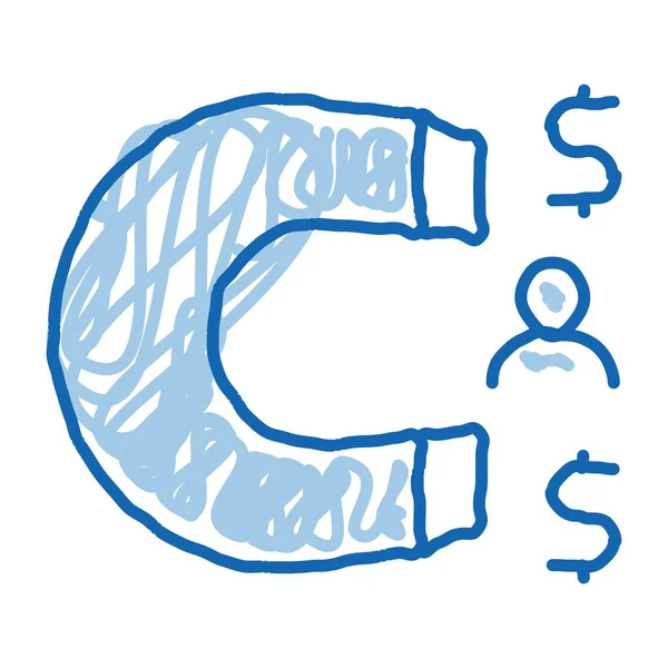 Magnete attrae denaro doodle icona disegnato a mano illustrazione — Vettoriale Stock