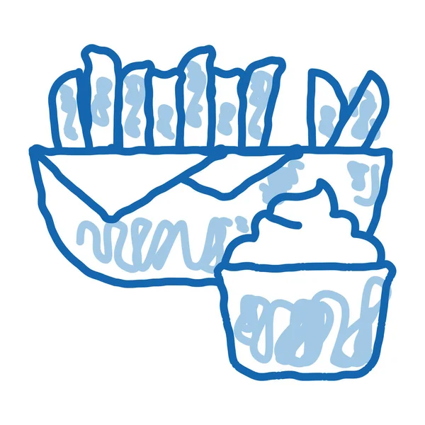 Frites met mayonaise saus doodle icoon met de hand getekend illustratie — Stockvector