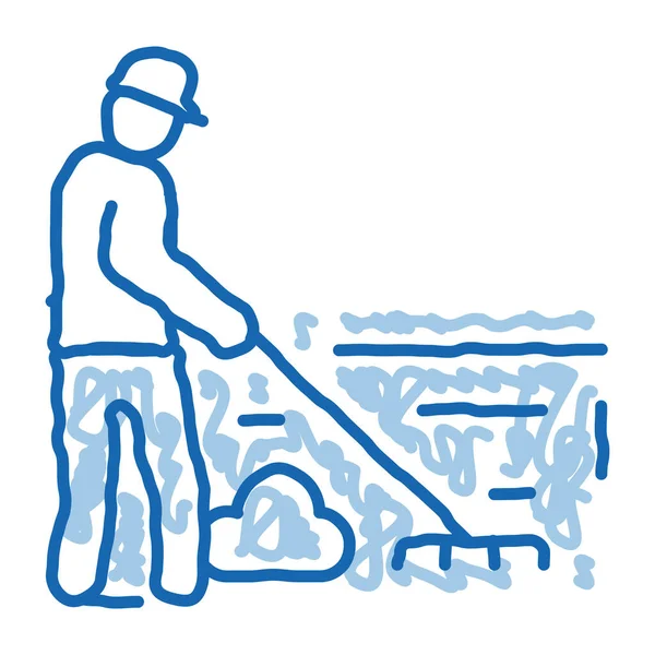 Homem de limpeza com rake doodle ícone mão desenhada ilustração —  Vetores de Stock