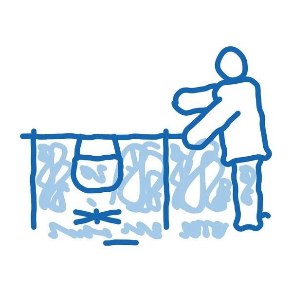 Ludzki wrzący żywienie na obóz płomień ikona doodle ręcznie rysowane ilustracja — Wektor stockowy