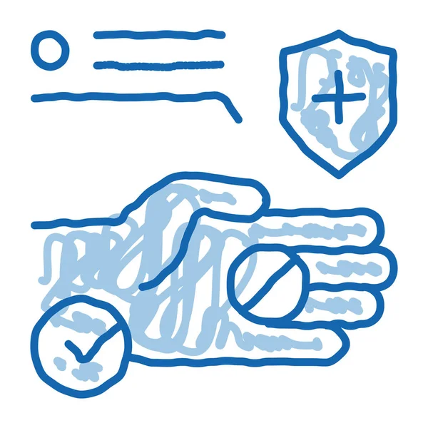Hand houden medische pil doodle pictogram hand getekend illustratie — Stockvector