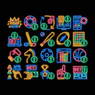Bahis ve Gambling neon ışığı vektörü. Parlak ikon basketbol, beysbol, hokey, boks, at yarışı ve kumar oyunları
