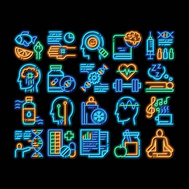 Biyohack elementleri neon ışığı vektörü. Parlak ikon meditasyonu, DNA, Helix, Genetik ve Uyuşturucu Biyohack Çizimleri