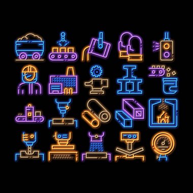 Metalurjik elementler neon ışığı vektörü. Parlak ikon Fabrika Fırını, Metal Erimesi ve Metalurjik Dökümhane Resimleri