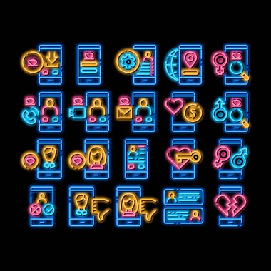 Buluşma Uygulaması elementleri neon ışığı vektörü. Parlayan parlak simge Akıllı Telefon Gezici Randevu Uygulaması. Avatar 'ın Profili, Kırık Kalp Çizimleri Gibi