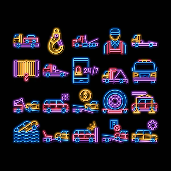 Sleepwagen Transport Neon Lichtsignaal Vector Gloeiend Helder Pictogram Sleepwagen Evacueren — Stockvector