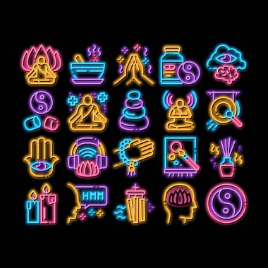 Meditasyon neon ışığı işareti vektörü. Parlak ikon meditasyon Yoga Gevşeme Aromatik Terapi, İnsan Konsantrasyonu, Gong ve Resim Çizimleri